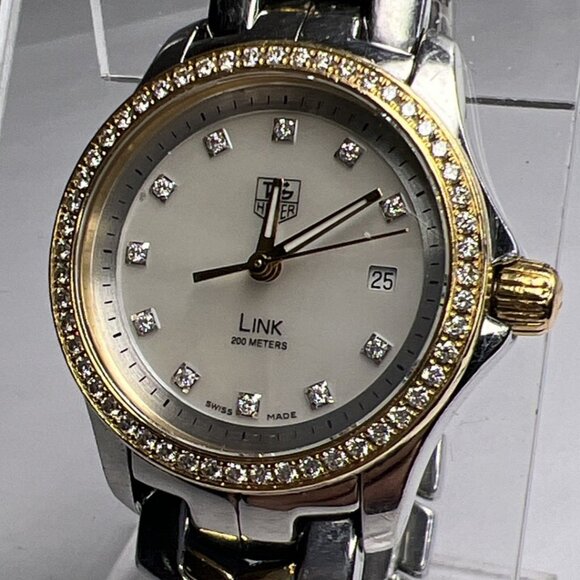 TAG Heuer Ladies Link Quartz Date Watch WJF1354 MOP Dial Diamond Bezel 27mm - Picture 2 of 16